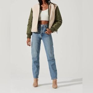 ASTR Olive Green Bomber Jacket with Cream Sherpa Lining